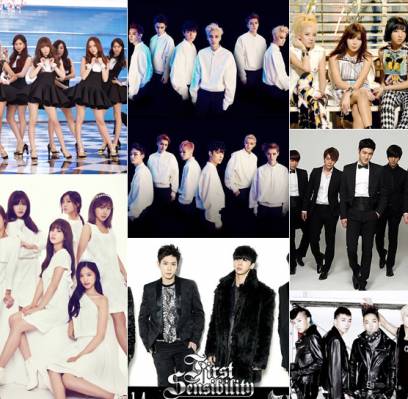 2PM, 2NE1, 4minute, Apink, B1A4, B.A.P, B2ST, Big Bang, Block B, Brown Eyed Girls, EXO, F.T. Island, f(x), Girl