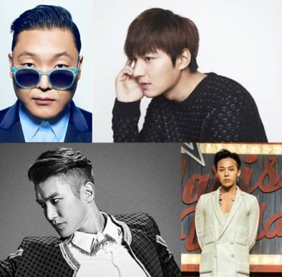 Lee Hyori, Big Bang, G-Dragon, Chanyeol, Taeyeon, Siwon, Donghae, Psy, Lee Min Ho, Jang Geun Suk, Ivy, Navi, Lee Jun Ki, Kim Jin Pyo, Park Ji Yoon