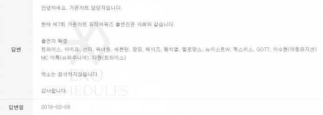 Группа EXO не сможет присутствовать на церемонии "7th Gaon Chart Music Awards"