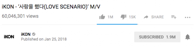 iKON и их клип на песню "Love Scenario" получил более 1 миллиона лайков