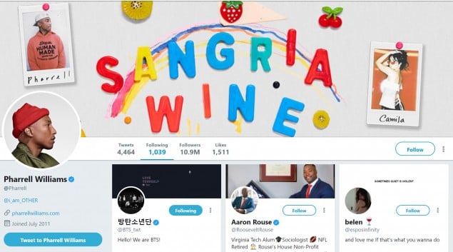 Фаррелл Уильямс подписался на аккаунт BTS в Twitter