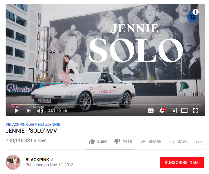 Дебютный сольный клип Дженни "SOLO" достиг 100 миллионов просмотров
