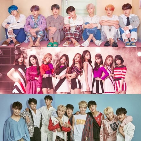 BLACKPINK, BTS, Cosmic Girls, EVERGLOW, EXO, Taeyeon, GOT7, ITZY, IU, IZ*ONE, MAMAMOO, MONSTA X, NU