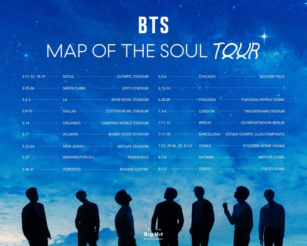 BTS опубликовали первые даты и города мирового тура Map of the Soul 2020