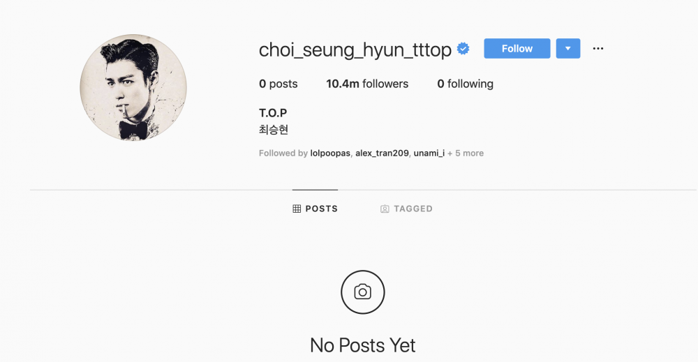 T.O.P (BIGBANG) удалил все посты в своем Instagram
