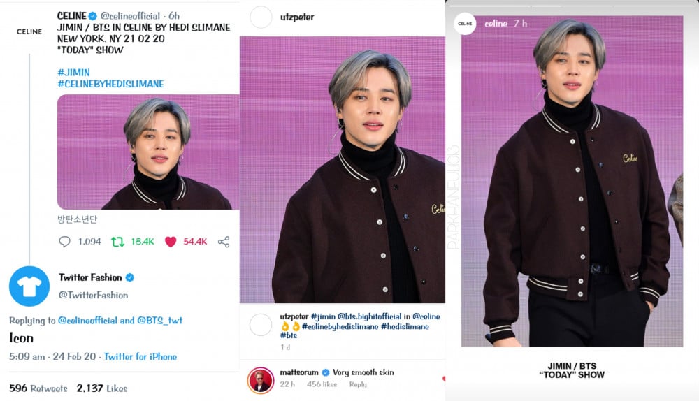 CELINE, a brand owned by Louis Vuitton Moët Hennessy (LVMH) shared a photo  of BTS Jimin wearing their brand.