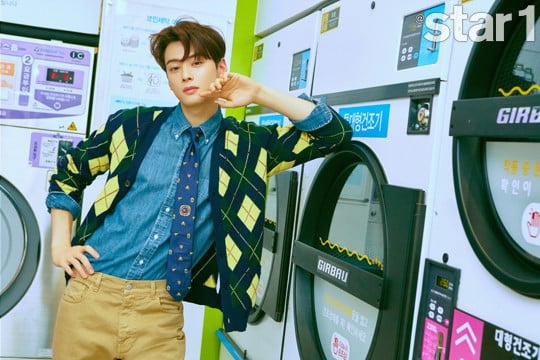 Cha Eun Woo dons on bright spring colors for the cover of '@star1