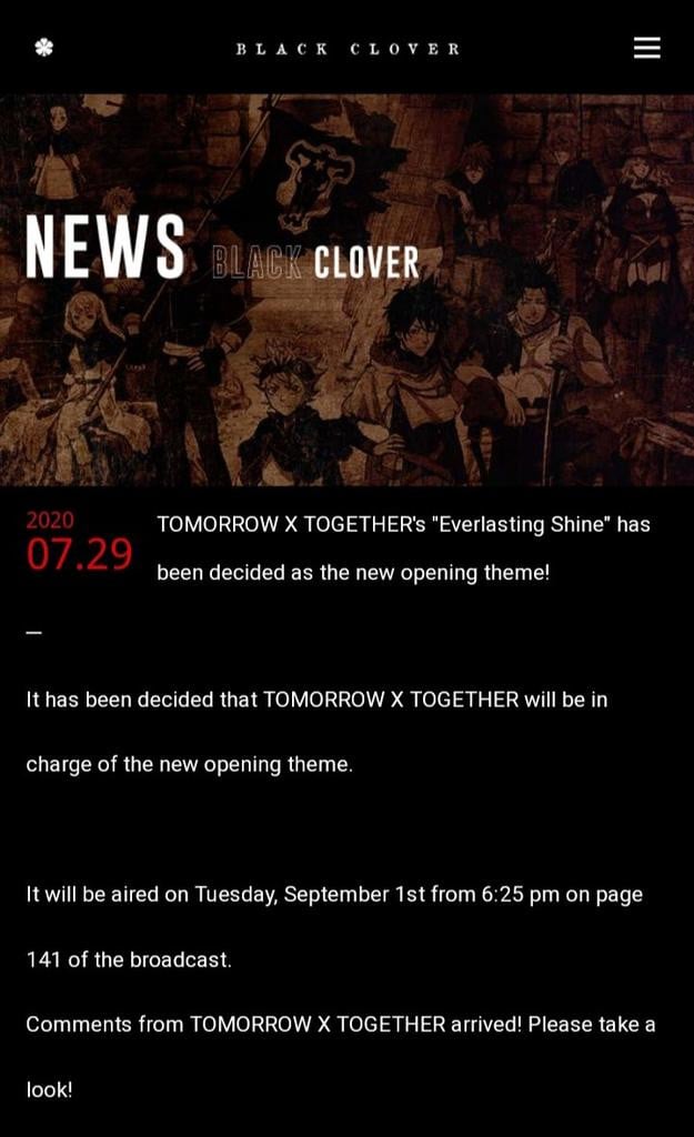 Black Clover Shares New Opening Performed by K-pop Group TXT