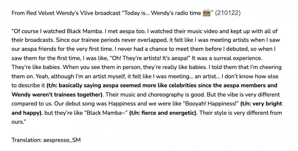 Венди из Red Velvet делится мыслями о aespa в недавнем VLIVE