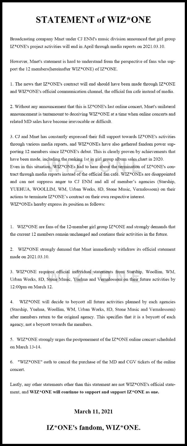Поклонники IZ*ONE угрожают бойкотировать агентства каждой из участниц, если группа всё-таки будет расформирована
