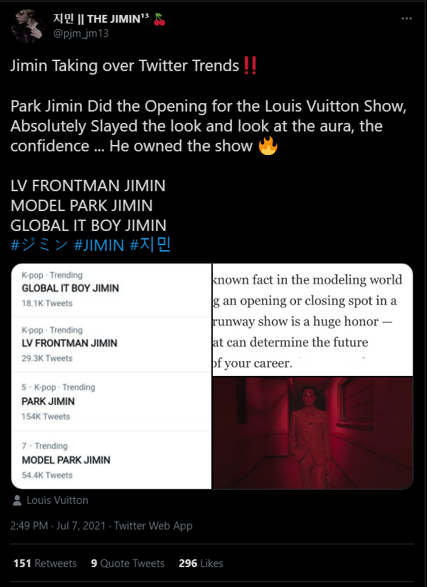 BTS's Jimin sells out the Louis Vuitton pullover he wore in an invitation  clip to LV's Men Fall-Winter 2021 Fashion Show proving his Top Idol Brand