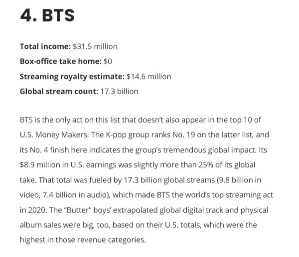 BTS заняли 4 место в рейтинге Billboard "Самые высокооплачиваемые музыканты мира 2020"