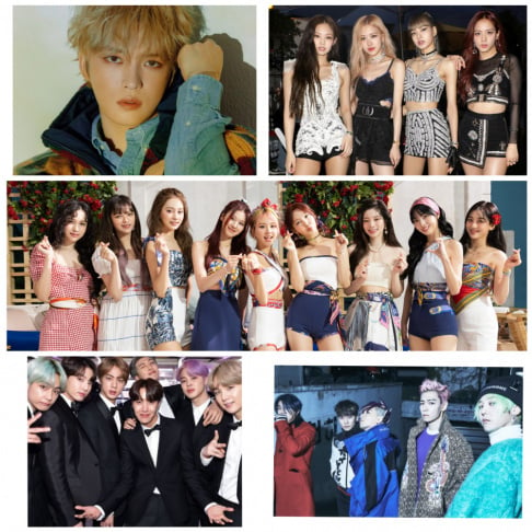 Big Bang, BLACKPINK, BoA, BTS, EXO, Taeyeon, GOT7, Ryujin, IZ*ONE, Jaejoong, KARA, MAMAMOO, Momoland, MONSTA X, Seventeen, Minho, T-ara, TVXQ, TWICE, 2PM