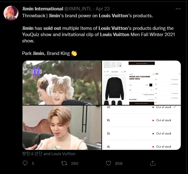 BTS Jimin Is the King of Brand Power, Louis Vuitton Outfit Completely Sold  Out