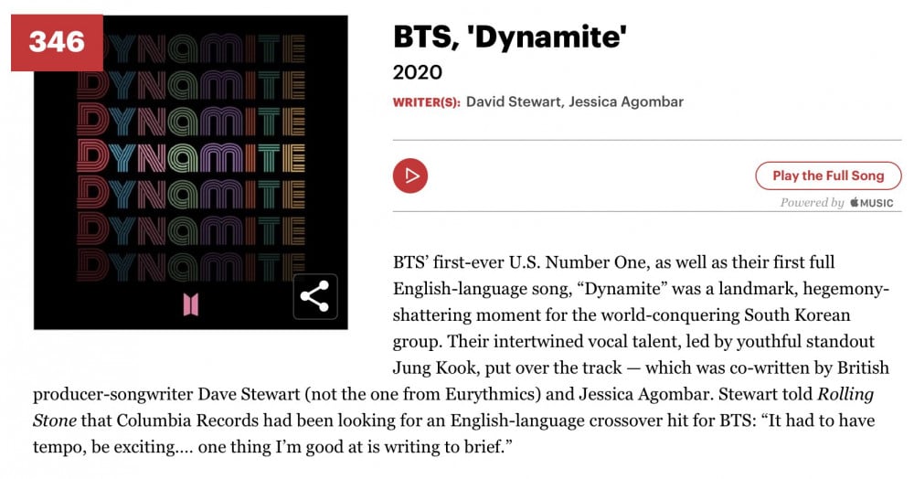 Rolling Stone включил "Dynamite" BTS в список "500 величайших песен всех времён"
