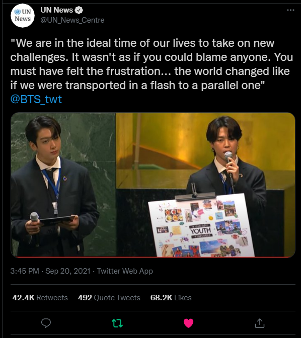 To commemorate BTS' Jimin's raw and moving speech at the 76th United  Nations General Assembly, his fans donated to different UN bodies