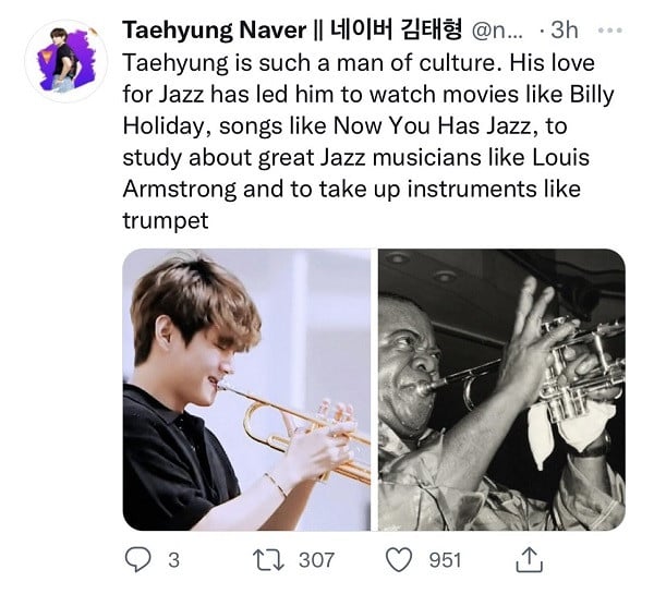 Ви из BTS делится своей любовью к джазовой музыке в последних сообщениях в социальных сетях