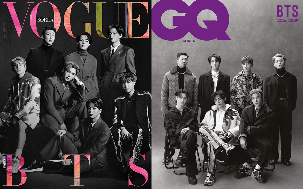 BTS simultaneously land on special January editions of 'Vogue' & 'GQ Korea'  wearing the 'Louis Vuitton' spring/summer 2022 collection