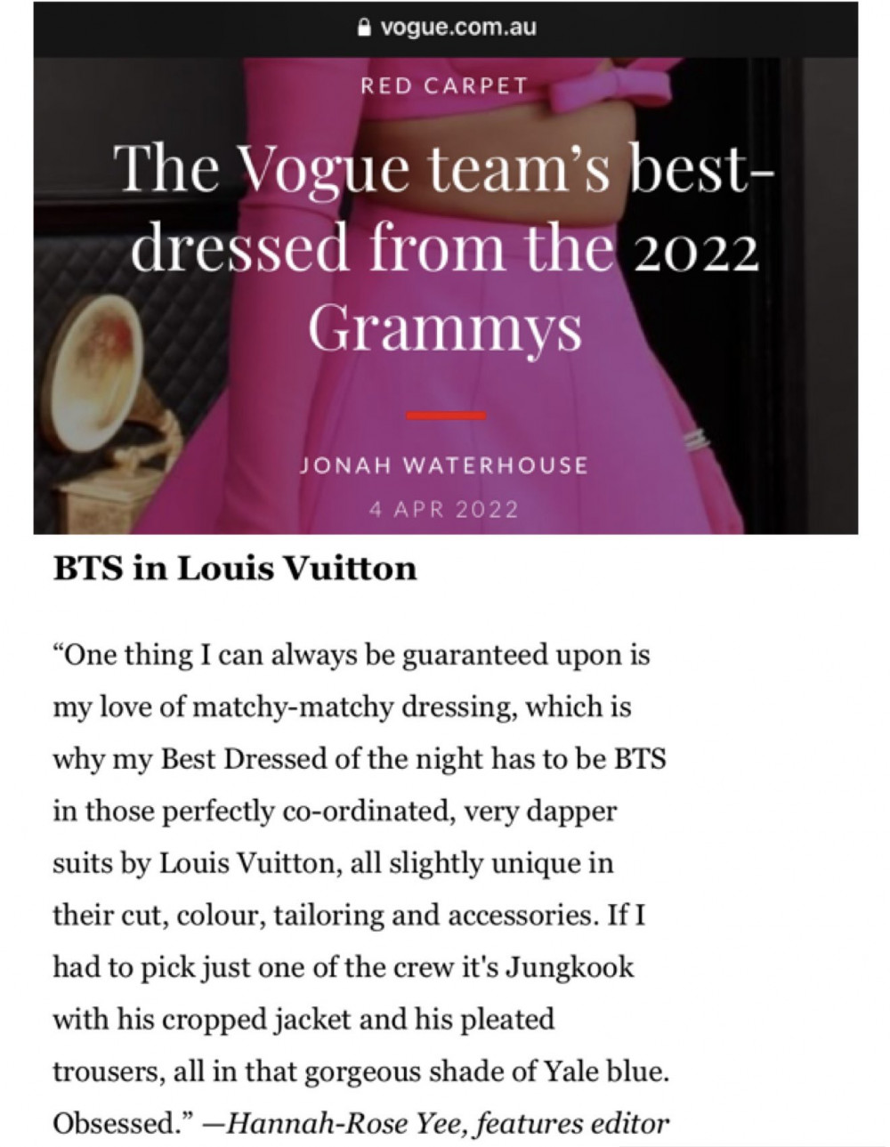 louis vuitton bts grammy 2022