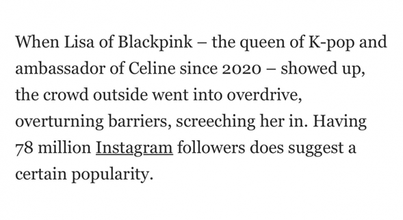 LALICE UPDATES on X: .@celineofficial saw a growth in EMV of a staggering  +955% “the most significant EMV due to the attendance of Kpop star & Celine  brand ambassador, #LISA. Compared to