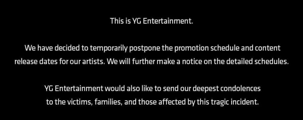 YG Entertainment отложили все запланированные промо-акции и выпуск контента для своих артистов