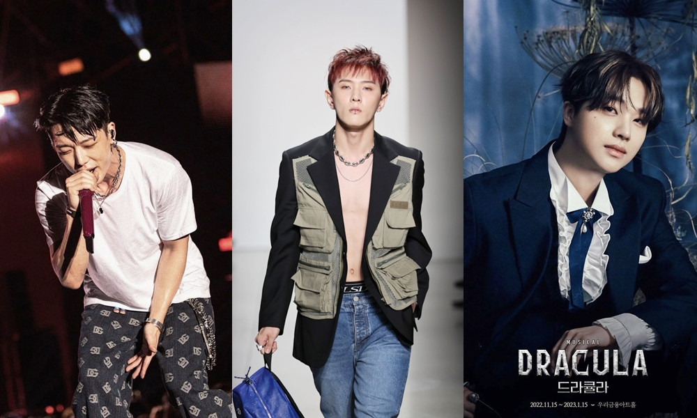 From left to right: Bobby at HipHop playa 2022 | DK on the runway at NYFW 2022 | Jinhwan's poster for Dracula: The musical.