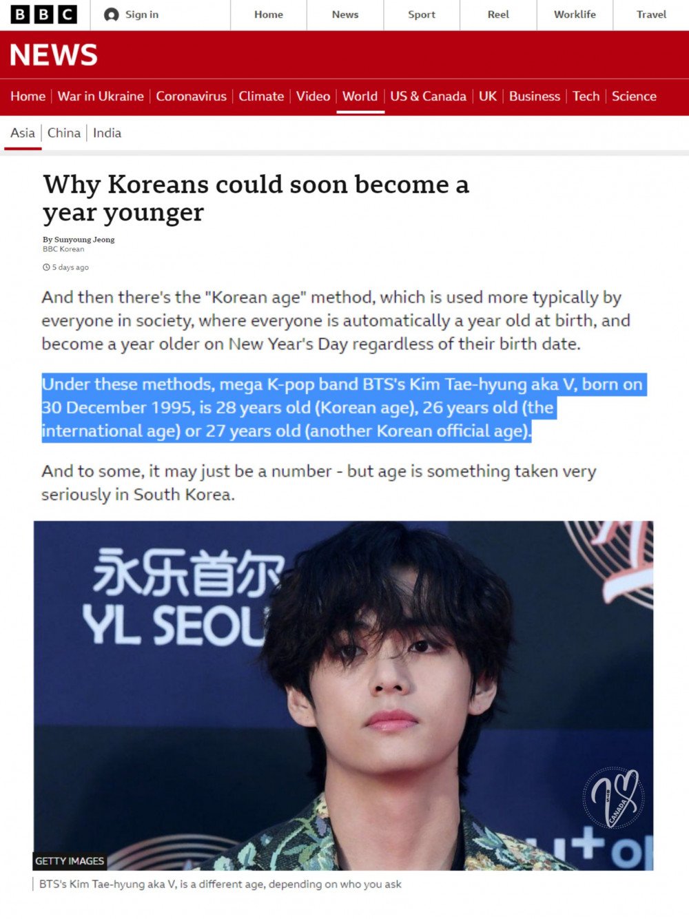 BTS's V (Kim Taehyung) becomes the face of Korea's age calculation system  used by local and international media