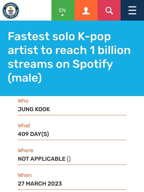 Today's K-pop] BTS' Jungkook sets Guinness record with Spotify streams