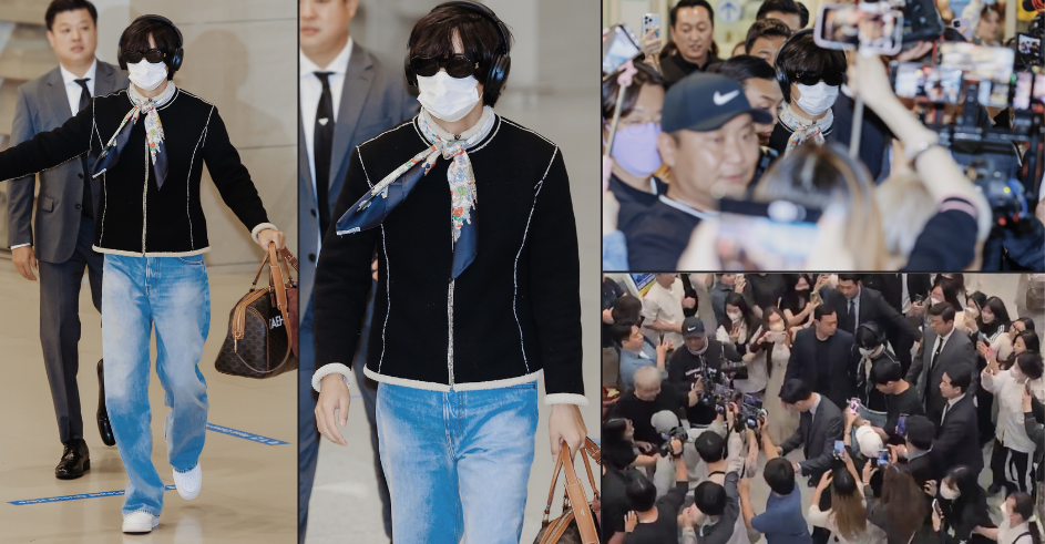 수많은 팬들과 기자들이 방탄소년단 뷔(김태형)의 한국 귀국을 환영하고 있다.