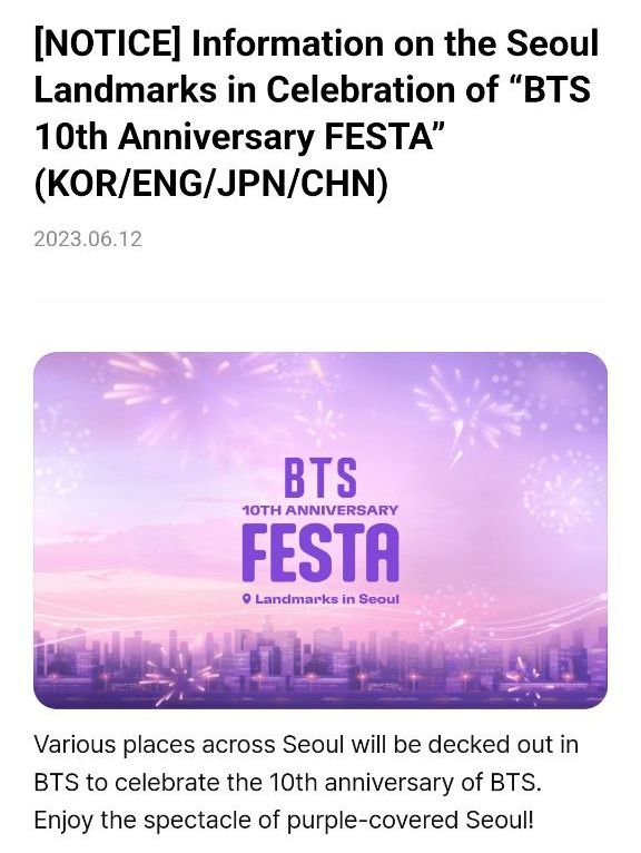 BTS 10th anniversary FESTA: Seoul to turn purple to celebrate