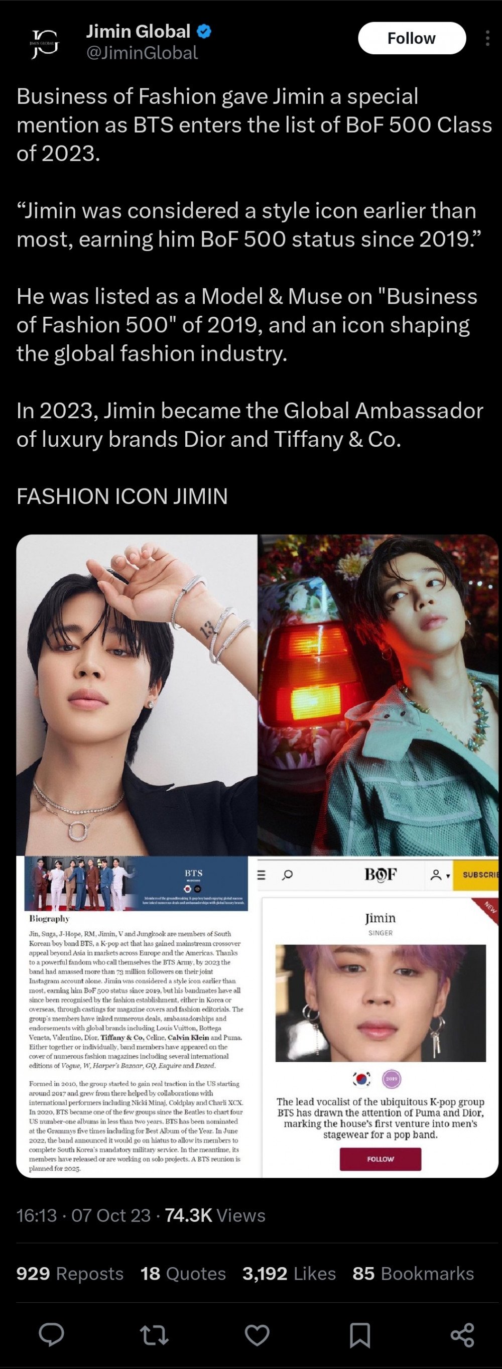 Jimin displays his power in the global fashion world as he receives special  mention on BTS joining the BoF 500 Class of 2023