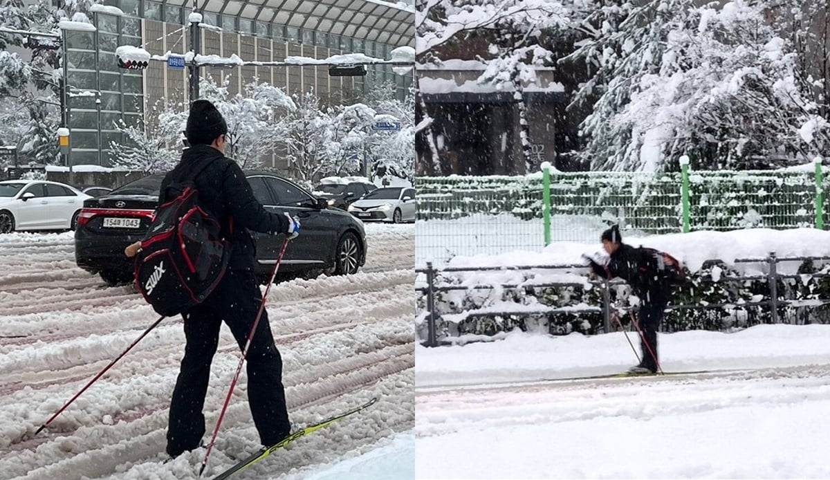 Seorang pria menjadi viral karena bermain ski ke tempat kerja saat badai salju setinggi 40 cm di Seoul, sekali lagi membuktikan bahwa 'Orang Korea tetap pergi bekerja apa pun yang terjadi'
