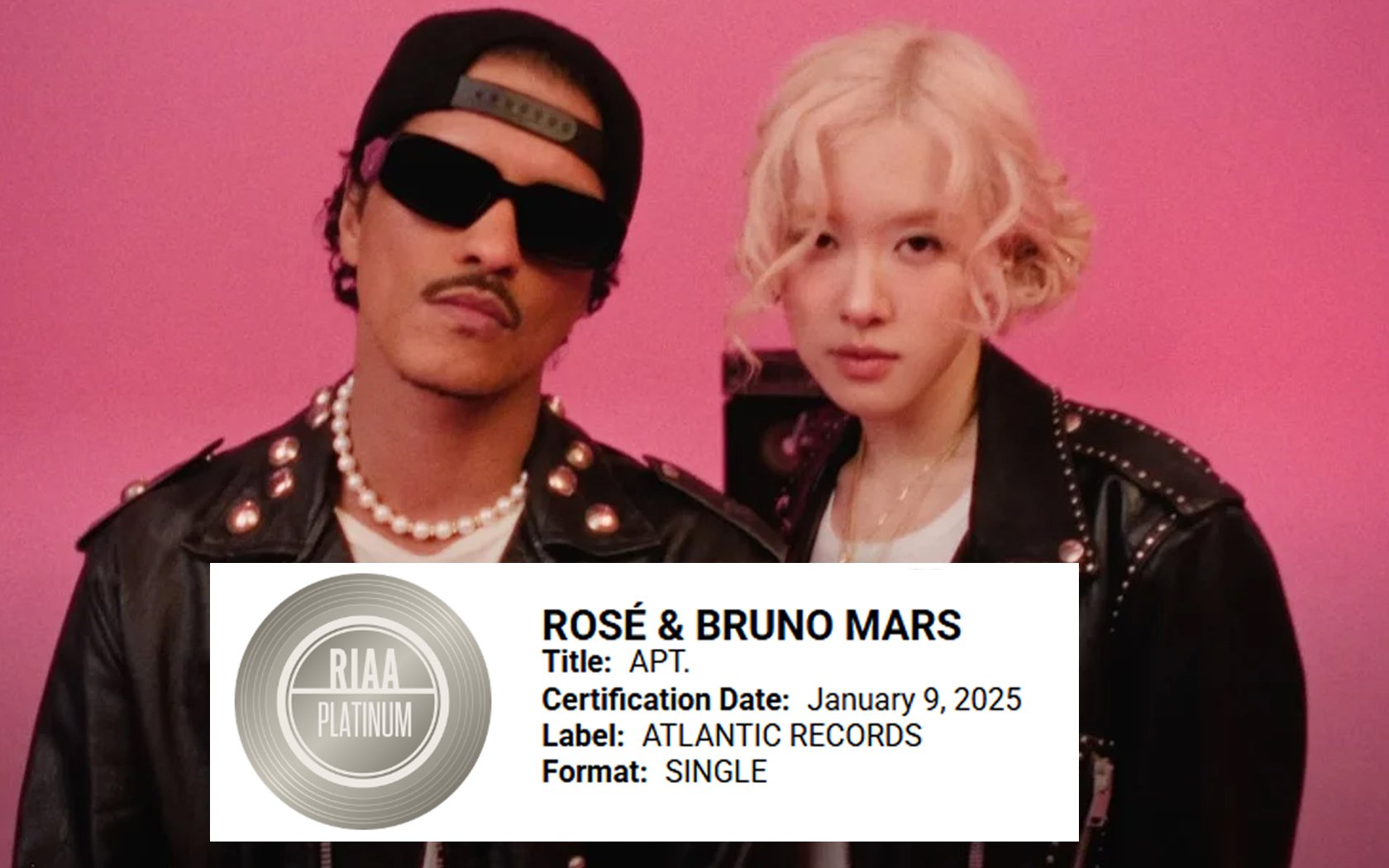 Rosé dan Bruno Mars “APT.” bersertifikat platinum resmi oleh RIAA Rosé dan Bruno Mars “APT.” bersertifikat platinum resmi oleh RIAA