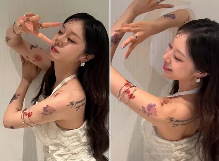 Jiyeon memperlihatkan tato di lengannya