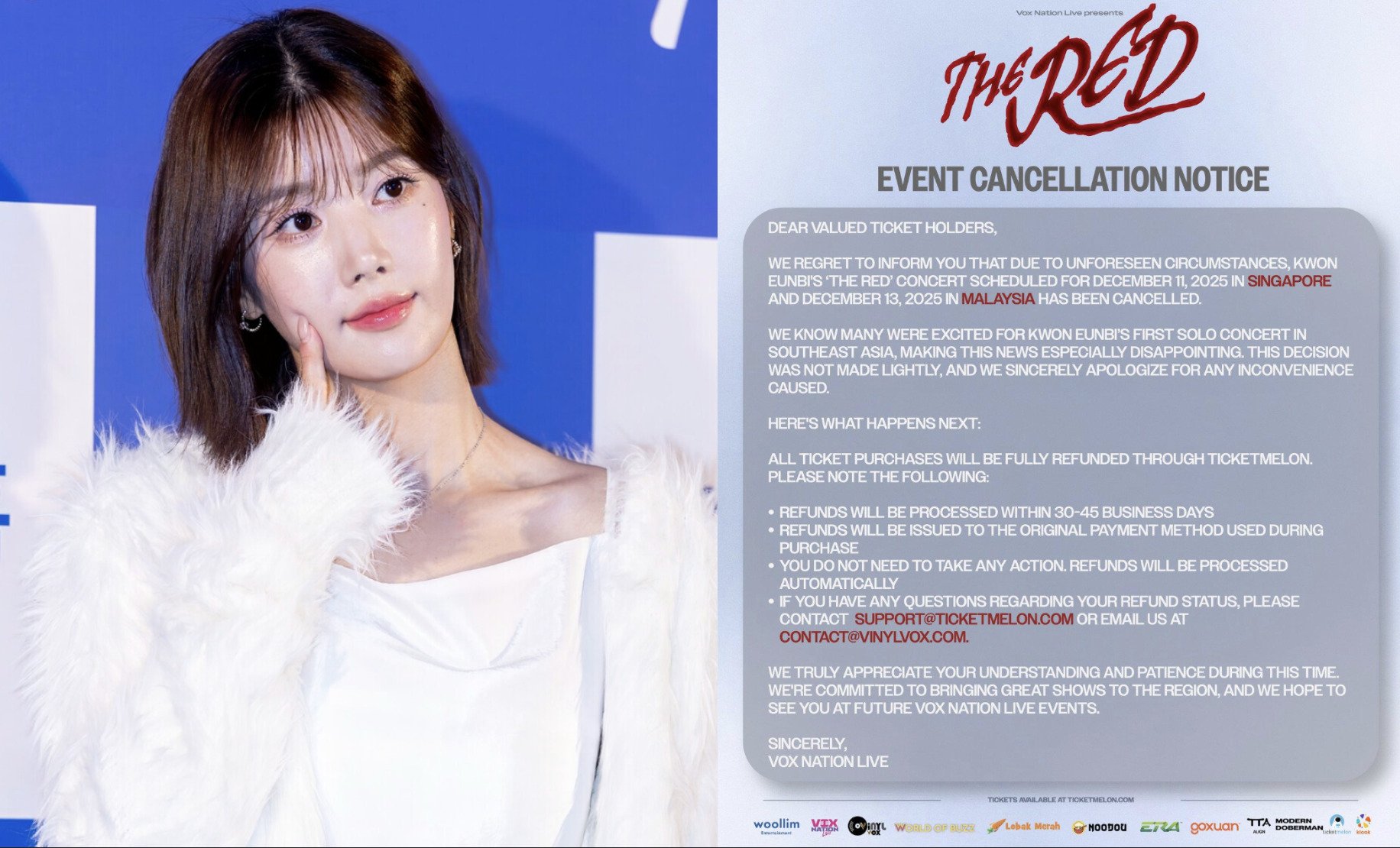 Kwon Eun Bi’s '2025 THE RED’ concerts in Singapore and Malaysia cancelled due to unforeseen circumstances